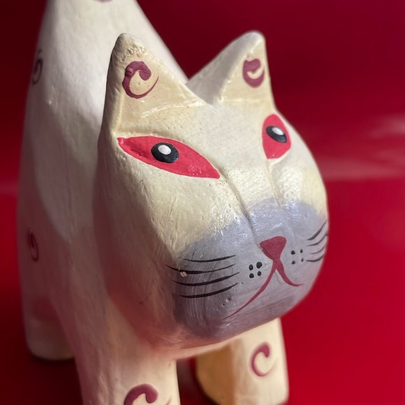 Tall Tail Kitty Cat Carved Wood Painted Folk Art Ring Holder Figurine‎ 5.2” - Picture 3 of 9